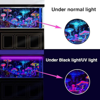 48X20IN Blacklight Mushroom Jellyfish Aquarium Background UV Reactive Background Starry Sky Terrarium Background with 10 EVA Double-Sided Tape - size: 48X20in/120X50cm