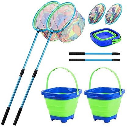Kids Fishing Net, 2 Pack Telescopic Landing Nets with Aluminum Pole Handle, Collapsible Bucket Sand Pail, Butterfly Net, Fishing Net for Youth, Outdoor Playing - color: 2 Pack Blue