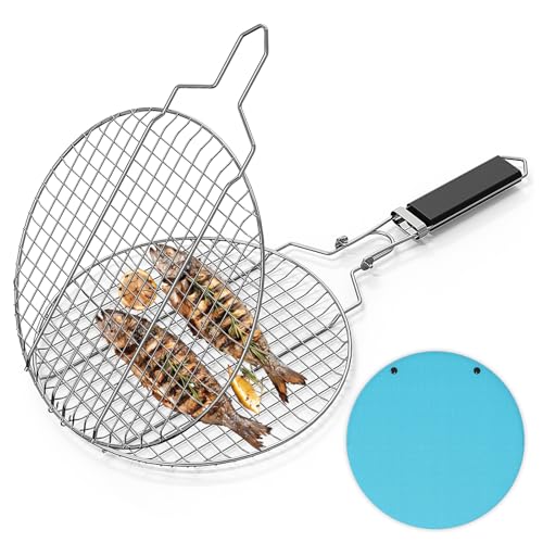 Linkidea Round Portable BBQ Grill Basket, Stainless Steel Fish Grill Rack with Removable Secure Locking Handle, Grill Accessories for Outdoor Grill Vegetables Fishes Shrimp