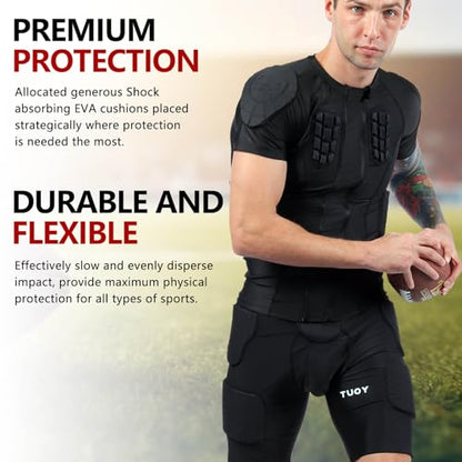 TUOY New Football Rib Chest Protector Shirt Padded Compression Shirts 6 Pads Adult Sizes Dark Black - color: Black, size: Large