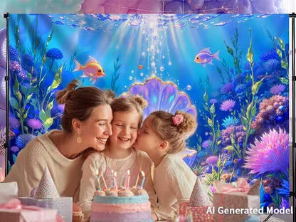10x8ft DewPrint Underwater Backdrop for Under the Sea Party Decorations, Mermaid Ocean Scene with Giant Shell & Pearl, Coral Reef Fish Aquarium Background for Photography Kids Birthday Baby Shower - size: 10x8 FT