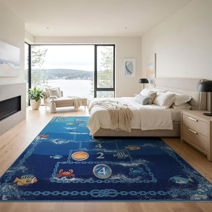 9'x12' Washable Graphic Fish Oversized Rug, Blue Non-Shedding Pet Friendly Carpet Foldable Easy Care Mat for Master Suite, California King, Under Bed | Ref:2049617
