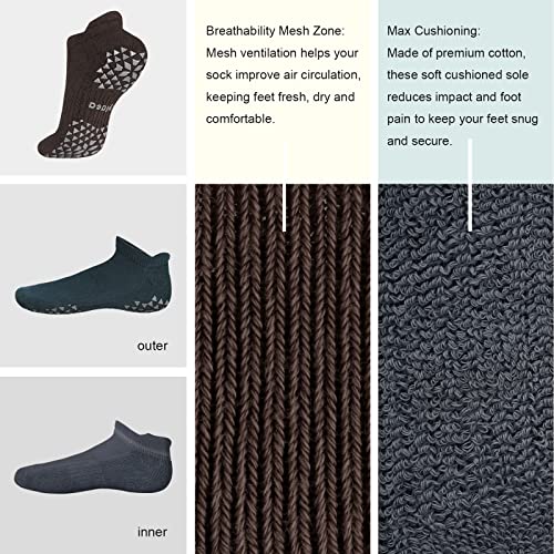 Hylaea Unisex Non Slip Socks with Grip for Yoga, Hospital, Pilates, Barre | Ankle, Cushioned - color: 1. Dark Green Dark Grey Coffee (3 Pairs), size: Small-Medium