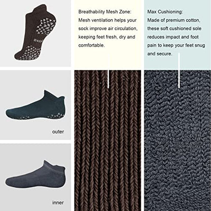 Hylaea Unisex Non Slip Socks with Grip for Yoga, Hospital, Pilates, Barre | Ankle, Cushioned - color: 1. Dark Green Dark Grey Coffee (3 Pairs), size: Small-Medium