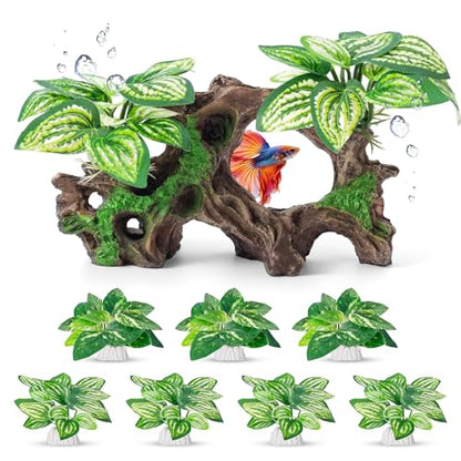 8 Pcs Fish Tank Decor，Silk Aquarium Plants Green Silk Leaf pad Hammock Artifical Driftwood cave Betta Fish Tank Accessories 7 x 2.8 x 4 inches(LxWxH) - size: 8 Pcs Silk Aquarium Plants（Style C）