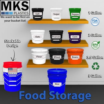 5-Gallon Bucket with Airtight Lid – Made in USA, Food Grade BPA Free Plastic, Heavy Duty Multi-Use, Metal Handle with Grip, Stackable Storage – Blue, 3 Pack
