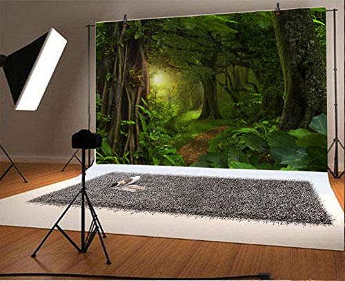 5x3ft Fairytale Rainforest Photo Backdrop Kids Birthday Party Events Decor Evergreen Forest Jungle Natural Scenery Photography Background Wallpaper Jungle Backdrop for Party Photo Studio Props - size: 5x3ft