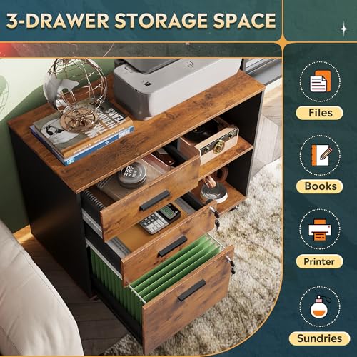 DEVAISE 3-Drawer Wood File Cabinet with Lock, Mobile Lateral Filing Cabinet, Printer Stand with Open Storage Shelves for Home Office, Rustic Brown - color: Rustic Brown