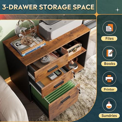 DEVAISE 3-Drawer Wood File Cabinet with Lock, Mobile Lateral Filing Cabinet, Printer Stand with Open Storage Shelves for Home Office, Rustic Brown - color: Rustic Brown