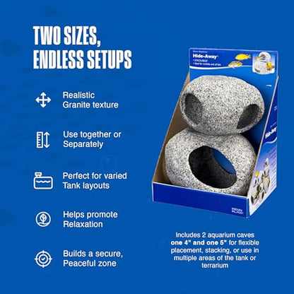 Penn-Plax Deco-Replicas Granite Stone Hideaway, 2 Piece Aquarium Decor Set - Durable, Stackable Fish Cave Ornament for Freshwater & Saltwater Tanks - Ideal for Reptiles & Amphibians, 4 & 5 Inches