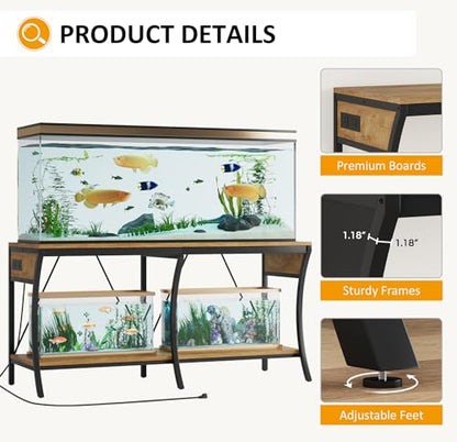 55-90 Gallon Fish Tank Stand, Metal Aquarium Stand, Power Outlets - color: Light Brown and Black
