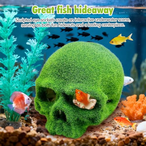 Mossy Skull Aquarium Decor, Resin Fish Tank Decorations Shrimp Cave Aquarium Betta Fish Hiedout Reptile House for Small Fish