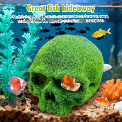 Mossy Skull Aquarium Decor, Resin Fish Tank Decorations Shrimp Cave Aquarium Betta Fish Hiedout Reptile House for Small Fish