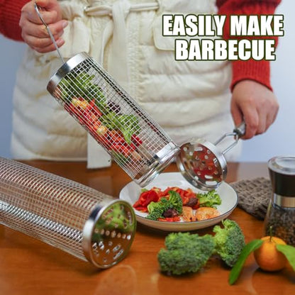 Rolling Grill Baskets (2PCS), 304 Stainless Steel with Removable Stainless Steel Handle, Rolling Grilling Net, BBQ Accessories Tools for Vegetables Shrimp, Outdoor Cooking Camping, Gifts for Men Dad Husband