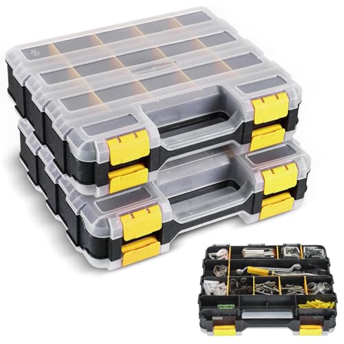 2 Pack Small Parts Organizers, 34-Compartments Double-Sided Tool Box with Removable Dividers for Hardware, Screws, Bolts, Nails & Fishing Accessories, Durable Plastic Storage Case (Yellow) - color: Yellow