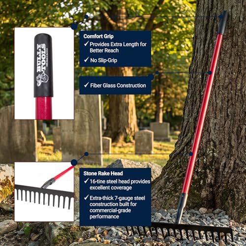 7-Gauge 16-Tine Stone Rake | Heavy Duty Garden Rake for Spreading Gravel Stones and Mulch | 66" Fiberglass Long Handle Lawn Rake for Soil Leveling and Smoothing, Yard Rake 100% Made in USA