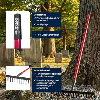 7-Gauge 16-Tine Stone Rake | Heavy Duty Garden Rake for Spreading Gravel Stones and Mulch | 66" Fiberglass Long Handle Lawn Rake for Soil Leveling and Smoothing, Yard Rake 100% Made in USA