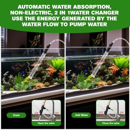 Aquarium Siphon Vacuum Gravel Cleaner Kit for Fish Tank Cleaning Gravel & Sand, Fish Tank Water Changer Metal Faucet Connector with Long Hose Drain & Fill（32ft）