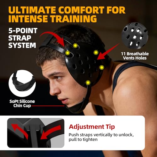 Wrestling Protective Gear Set for Youth & Adults – Adjustable Headgear with Knee Pads, 11 Hole Design for Breathable and Shock-Absorbent, Includes Carry Bag for Convenience - size: Large