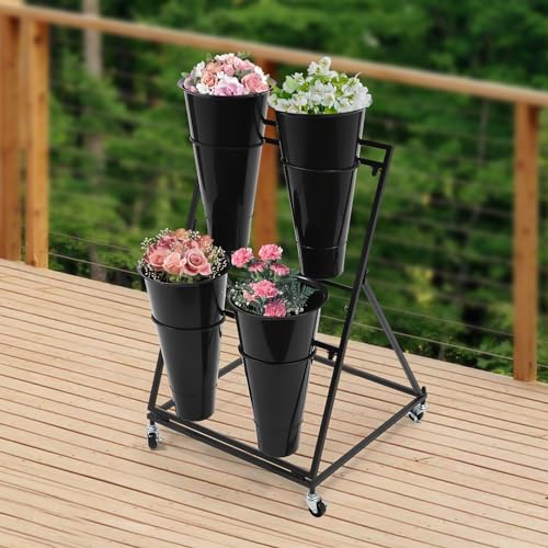 Flower Display Stand with 4 Buckets, 2 Layers, Cut Flowers Shelf Display Holder for Outdoor, Indoor, Patio, Garden, Living Room, Florist, Black - style: 2 Layers 4 Buckets Black