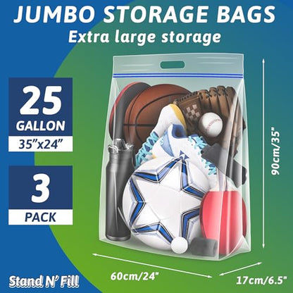 Extra Large 25 Gallon Storage Bags - 35” x 24” with Resealable Zip and Carry Handle, Ideal for Clothes, Pillows, Moving and Travel, Set of 3 - size: Jumbo 3 pack