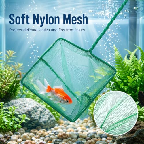 Aquarium Fish Net with Braided Metal Handle, 6'' Fish Net for Fishes Tank Soft Nylon Mesh for FishTanks Sludge Food Residue Wastes Skimming Cleaning Nets (Green)