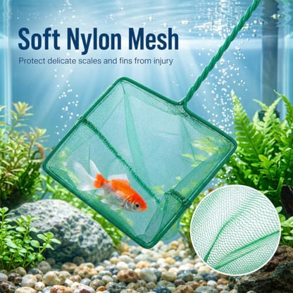 Aquarium Fish Net with Braided Metal Handle, 6'' Fish Net for Fishes Tank Soft Nylon Mesh for FishTanks Sludge Food Residue Wastes Skimming Cleaning Nets (Green)
