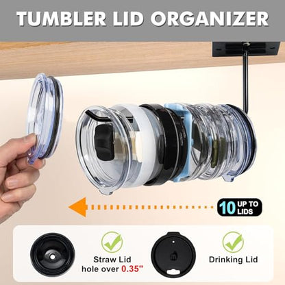 Tumbler Lid Organizer, Under Cabinet Lid Holder for Yeti/Stanley/Simple Modern Tumbler Lids, Self-Adhesive or Drilling Tumbler Lid Hook