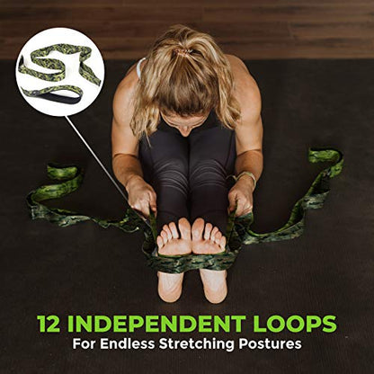 Stretching Strap for Physical Therapy, 12 Multi-Loop Stretch Strap 1.5" W x 8' L, Neoprene Handles, Physical Therapy Equipment, Yoga Straps for Stretching, Leg Stretcher. - color: Camo