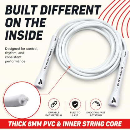 Elite Jumps 6mm PVC Jump Rope, Adjustable Skipping Rope - color: White Handles - 5" Handle