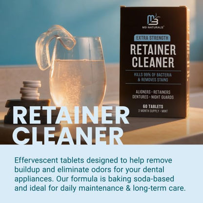 Retainer Cleaner Tablets, Denture Cleaner, Mint, 2 Month Supply by M3 | Compatible with Retainer Cleaner Machine & Ultrasonic Retainer Cleaner, Helps Remove Tough Stains, Buildup, Odors & Plaque - size: 60 Count