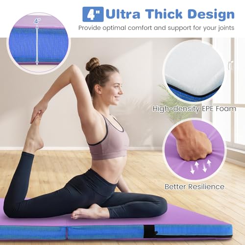 Goplus 4" Thick Folding Gymnastic Mat, Thickened Bi-Fold Fitness Mat with Carrying Handles & PU Leather Cover, Home Gym Tumbling Mat for Stretching, Pilates, Aerobics Workouts - color: Purple&Blue