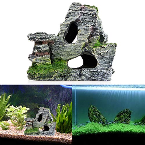 Aquarium Rock Cave, Large Resin Cave Decoration for Fish Tank, Mountain View Artificial Rock with Moss and Trees for Betta Cichlid Fish Shrimp to Hide Rest Breed, Decor