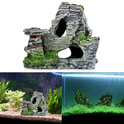 Aquarium Rock Cave, Large Resin Cave Decoration for Fish Tank, Mountain View Artificial Rock with Moss and Trees for Betta Cichlid Fish Shrimp to Hide Rest Breed, Decor
