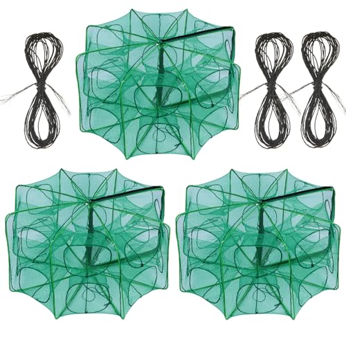 3 PCS Fishing Bait Trap, 12 Holes Portable Nylon Fishing Net Foldable Fish Cast Mesh Trap Net for Fishes, Shrimp, Minnow, Crayfish, Crab, Crawdad