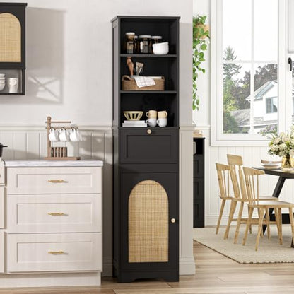 FiveWillowise 67"H Bathroom Storage Cabinet with Rattan Doors and Slide Storage, Tall Narrow Standing Tower Cabinet with Adjustable Shelves, Small Bathroom Floor Organizer for Entryway, Kitchen, Black