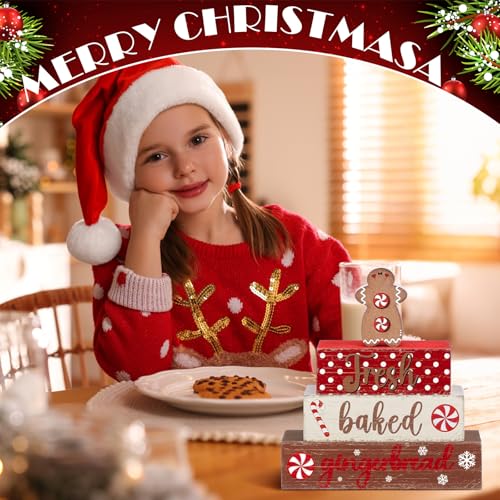 4 Pcs Wooden Christmas Tabletop Decor Gingerbread Man Tiered Tray Decor Christmas Centerpiece Rustic Decorative Block Signs Gift Farmhouse Table Decoration for Home Kitchen - style: Gingerbread
