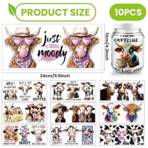 arricraft 10 Pcs Cattle Theme Cup Printing UV Transfer Papers, 10 Styles Highland Cattles Funny Cows PVC DIY Heat Transfer Stickers for 16 OZ Glass Cups Crafts 9.5x4.3inch - style: Cattle Theme