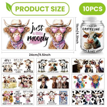 arricraft 10 Pcs Cattle Theme Cup Printing UV Transfer Papers, 10 Styles Highland Cattles Funny Cows PVC DIY Heat Transfer Stickers for 16 OZ Glass Cups Crafts 9.5x4.3inch - style: Cattle Theme