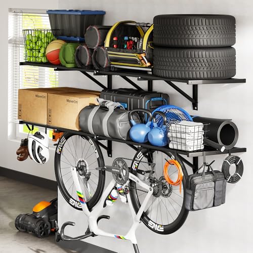 FLEXIMOUNTS 2-Pack 2x6ft Garage Wall Shelving with 8 Hooks, 1200lbs, Black | Heavy Duty Garage Shelving Wall Mounted, Rustproof Finish, Storage for Power Tools, Garden Supplies, Storage Bin, Lite Series - size: 2 pack-2x6 ft