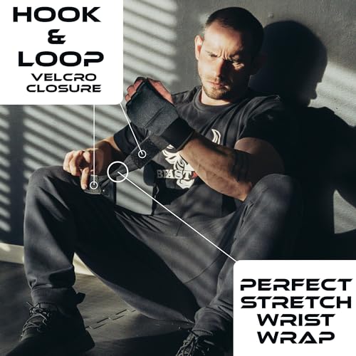 BEAST RAGE Inner Gloves with Hand Wraps Quick Wrap Long 36" Wrist Support MMA Muay Thai Bandages Punching Martial Arts Training Men Women Kickboxing Bandages Under Bag Gloves - color: Black Rage, size: M (Adult)