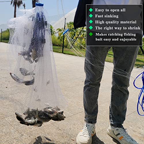 Saltwater Fishing Cast Net 3/8 and 1/4 Mesh with Heavy Duty Gray Sinker American Monofilament Fish Throw Net for Bait Trap 3FT 4FT 5FT 6FT 7FT 8FT 9FT Radius