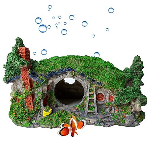 Large Aquarium Decoration Hobbit House Cave, 10.6 * 7 * 5.9 inches Resin Fish Hideout Betta Hiding Reptile Hole Shelter Snake Tank Fish Tank Ornament Rockery Landscaping