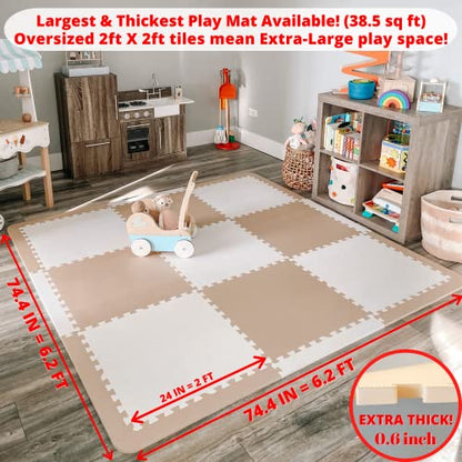Extra Large Baby Play Mat Tiles Thick Foam Non-Toxic Floor Puzzle Mat Interlocking Activity Playmat for Infants Toddlers Kids Crawling Tummy Time 74x74 Inches (Beige/White) - color: Beige/White
