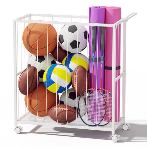 Ball Storage Bin Rolling Sports Ball Cart, White | Metal Garage Organizer Sport Rack, Ball Basket Storage, Toys Cage for Garage or Gym, Indoor & Outdoor Sports Equipment - color: white