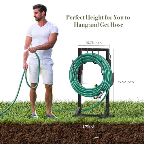 Garden Hose Holder, Metal Freestanding Hose Stand with 4 Spikes, Holds up to 150FT Hose, Sturdy Hose Reel Alternative, Heavy Duty Hose Storage for Outside Yard Lawn - color: Black-double