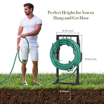 Garden Hose Holder, Metal Freestanding Hose Stand with 4 Spikes, Holds up to 150FT Hose, Sturdy Hose Reel Alternative, Heavy Duty Hose Storage for Outside Yard Lawn - color: Black-double