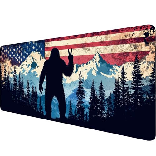 American Flag Bigfoot Desk Mat Gaming Mouse Pad Forest Mountain Extended Gaming Mouse Pad Mat with Stitched Edge Non-Slip Base Big Mouse Pad Office Computer Keyboard Laptop Home 31.5"x11.8" - color: American Flag Bigfoot_004, size: 11.8" x 31.5"