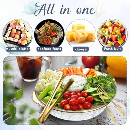 4 Sets 11.8" Chilled Serving Tray for Parties Round Iced Platter with Ice Underneath Stainless Steel Clip Fruit Fork Shrimp Cocktail Serving Dish for Oysters Crawfish Fruits (Gold) - color: Gold