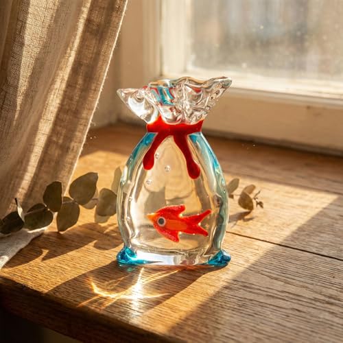 Hand-Blown Glass Goldfish in Bag Figurine, 2" Miniature Red/Orange Fish with Clear Water Texture, Cute Lampwork Animal Sculpture, Kawaii Desk Accessory & Aquarium Decor